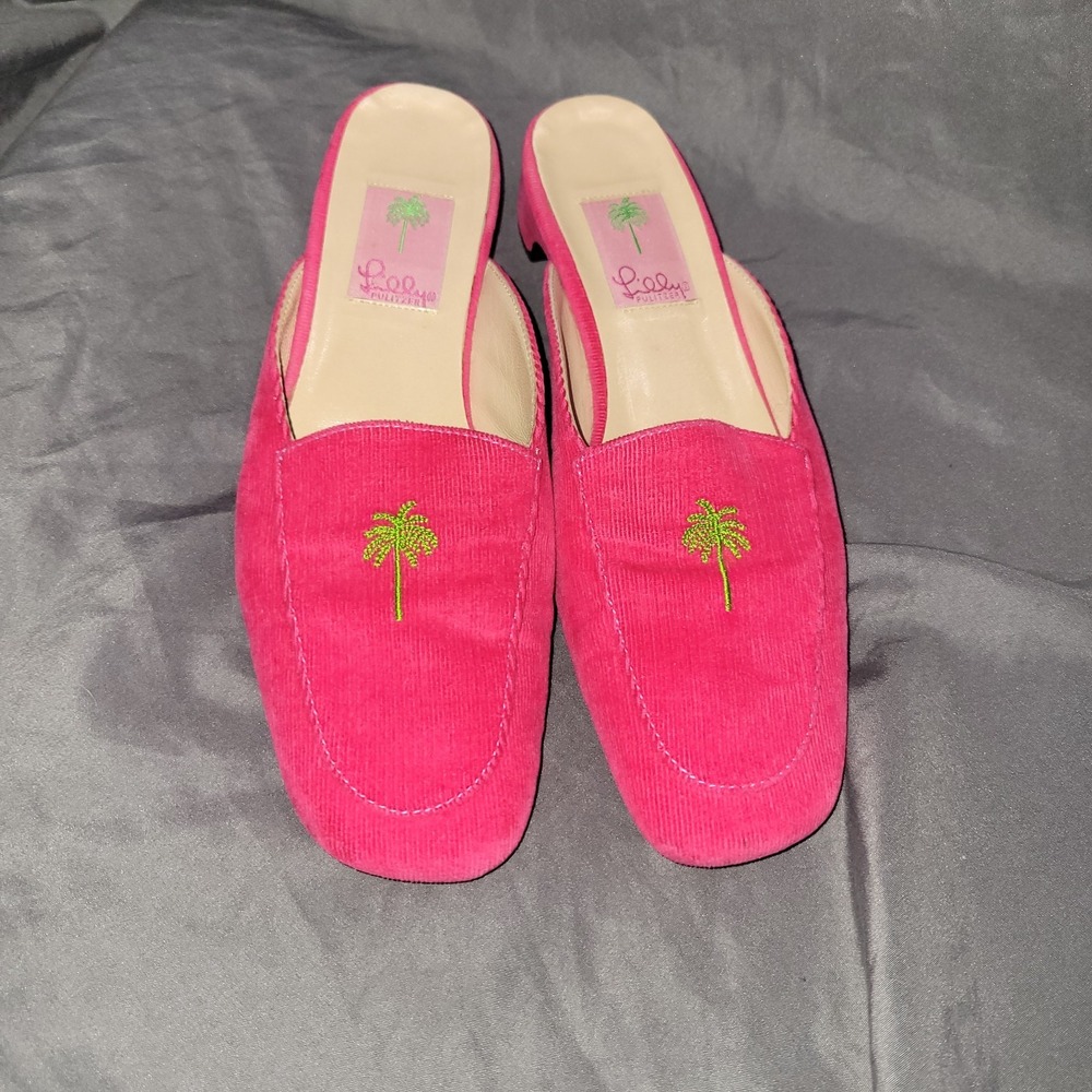 Vtg Lilly Pulitzer embroidered corduroy mules Hot Pink Slip On Shoes Size 8.5